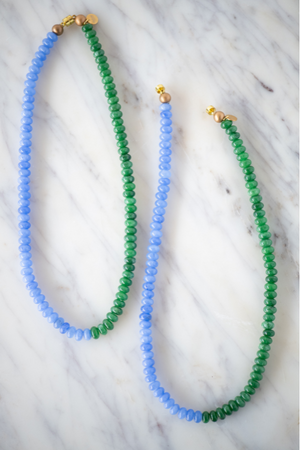 two glass beaded necklaces with blue and green split tones with gold magnetic clasp