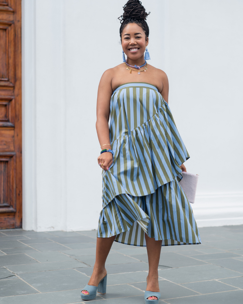 The Vendue Skirt in Cornflower & Olive Stripe