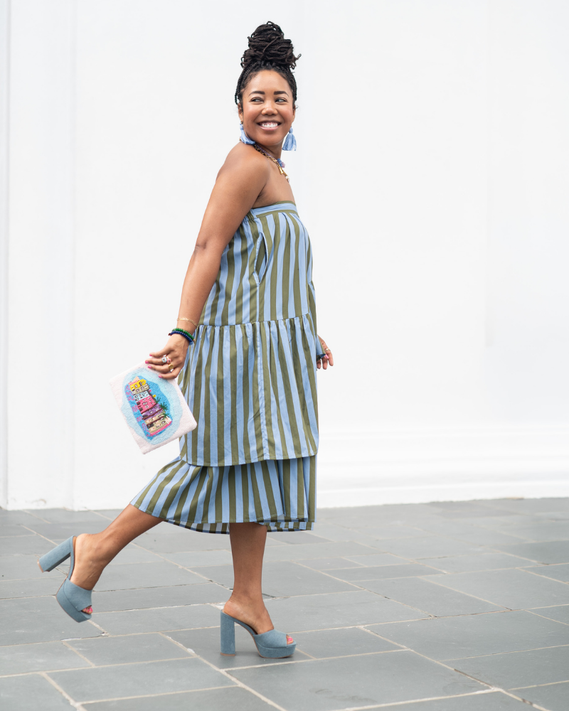 The Vendue Skirt in Cornflower & Olive Stripe