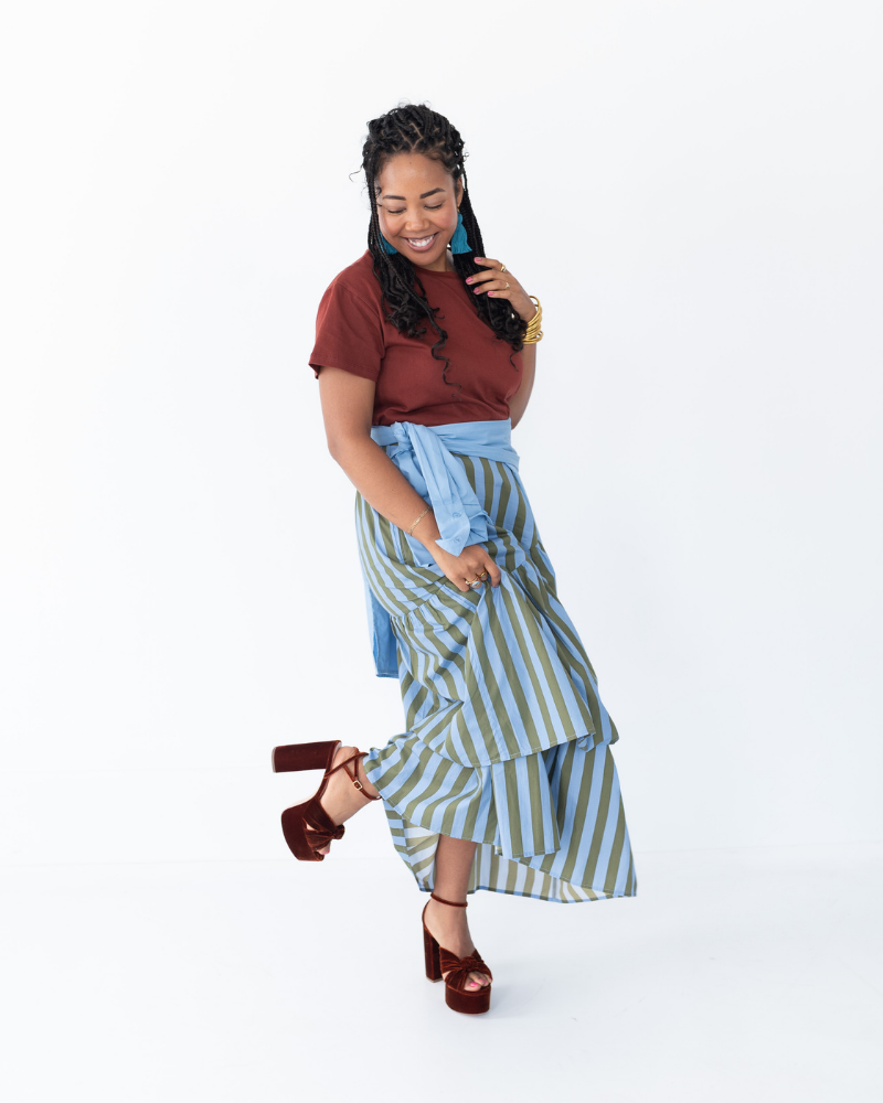 The Vendue Skirt in Cornflower & Olive Stripe
