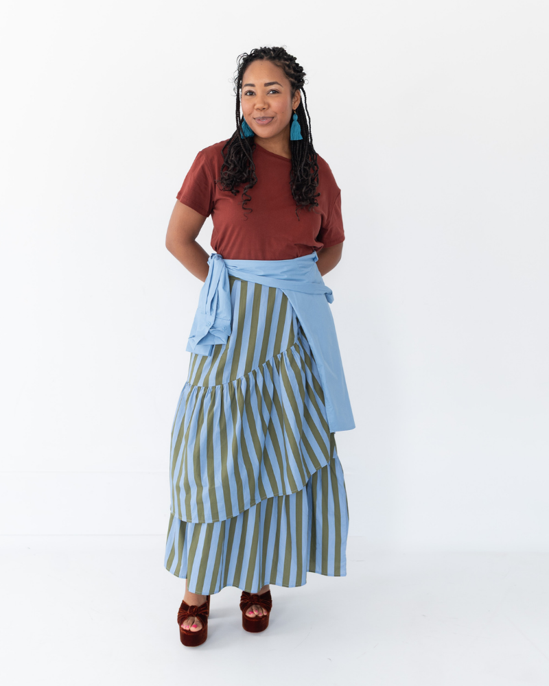 The Vendue Skirt in Cornflower & Olive Stripe