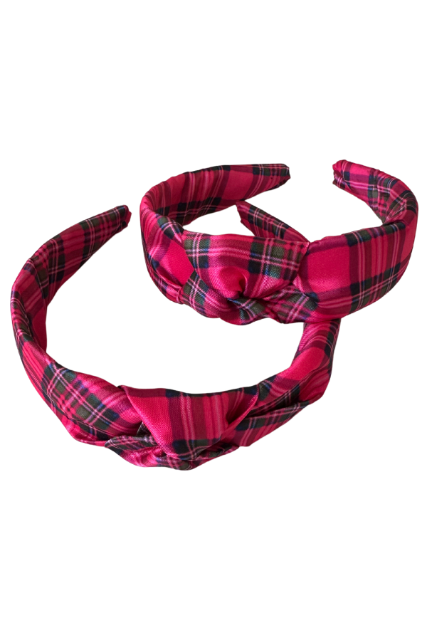 The Tiny Tassel Headband in Pink Holiday Plaid