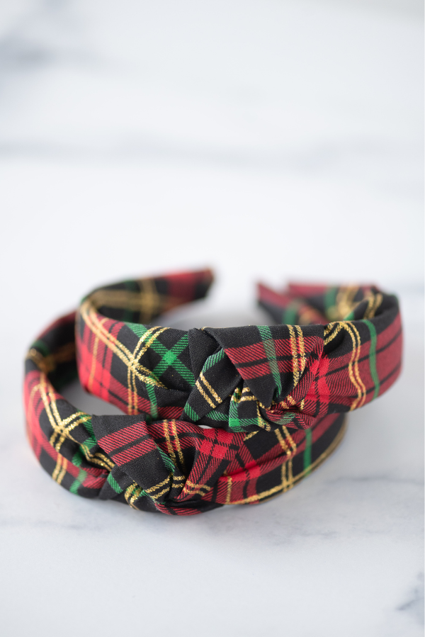 The Tiny Tassel Headband in Holiday Plaid