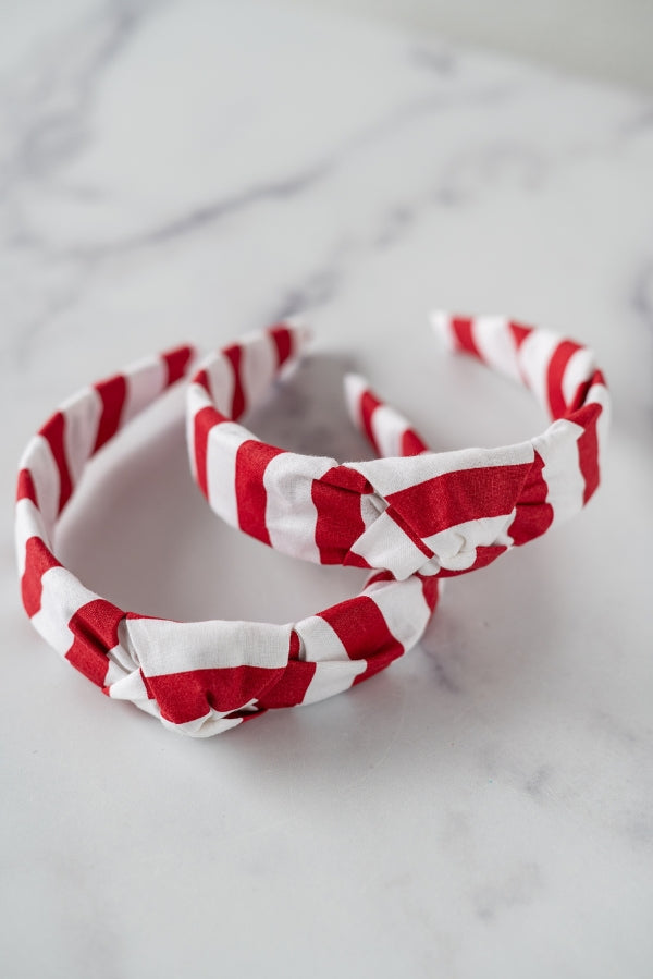 The Tiny Tassel Headband in Red and White Stripes