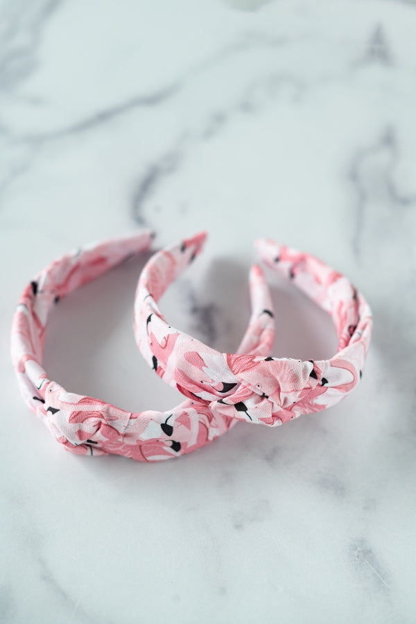 The Tiny Tassel Headband in Pink Flamingo Print