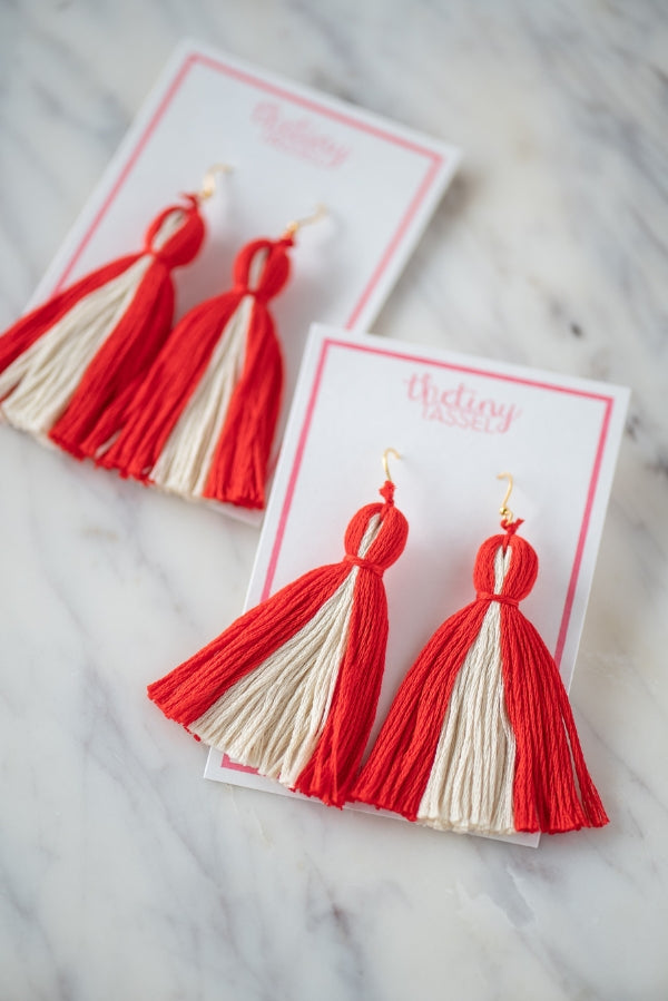 The Lilly Tassel Earring in Crimson and Ecru