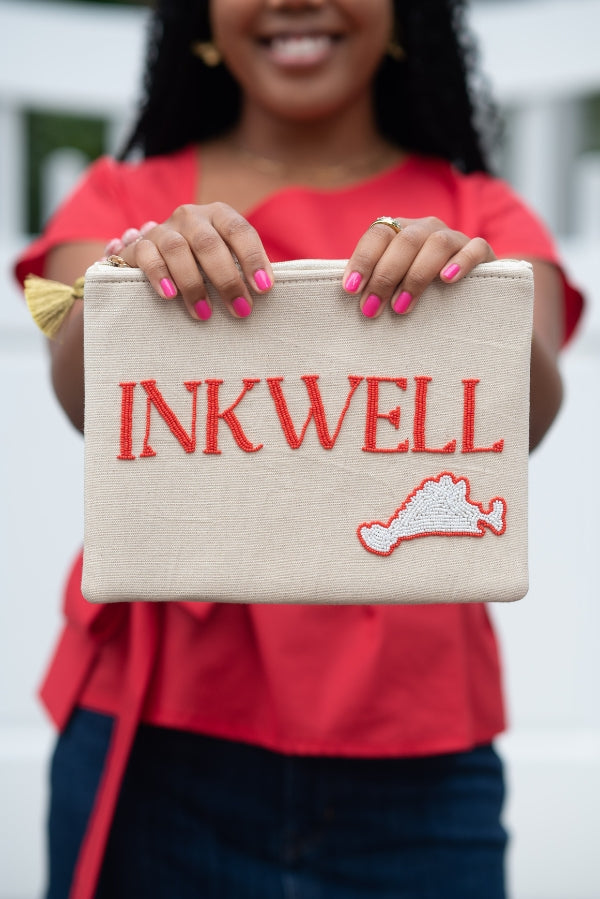 The Inkwell Canvas Clutch in Red and White