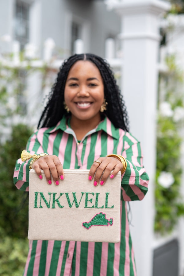 The Inkwell Canvas Clutch in Pink and Green