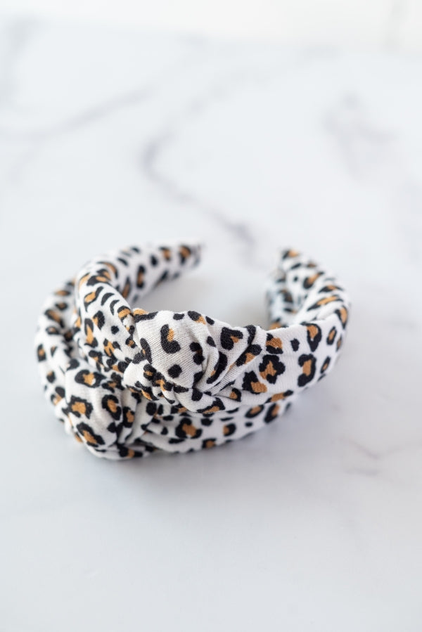 The Tiny Tassel Headband in White Leopard