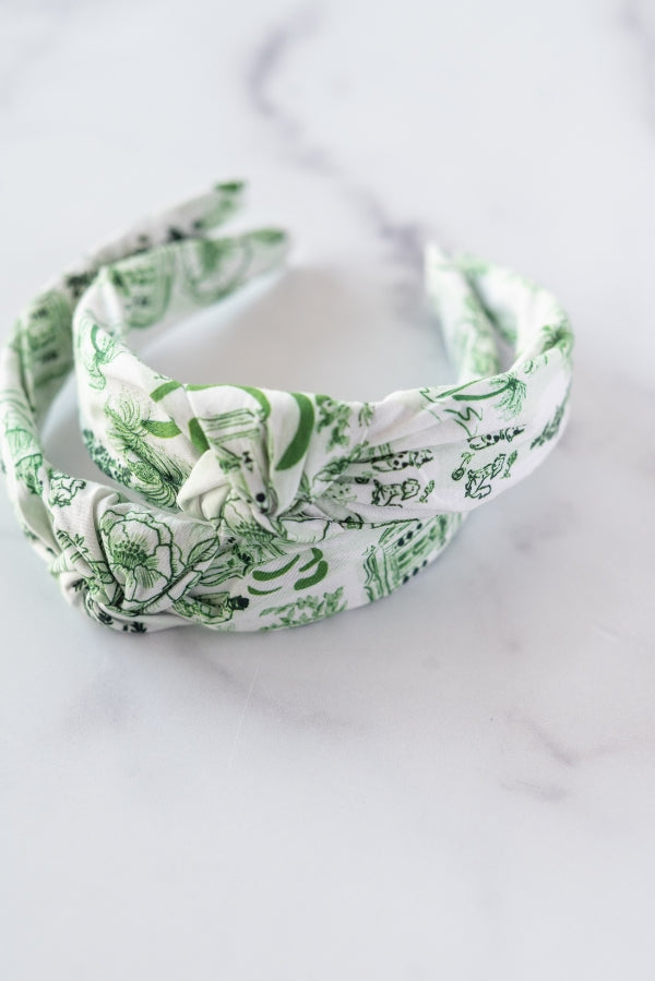 The Tiny Tassel Headband in Green Charleston Toile Print