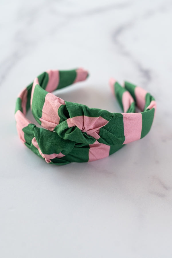 The Tiny Tassel Headband in Pink and Green Stripes