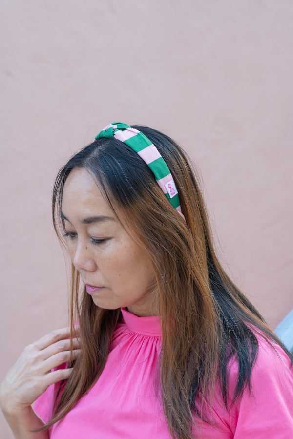 The Tiny Tassel Headband in Pink and Green Stripes