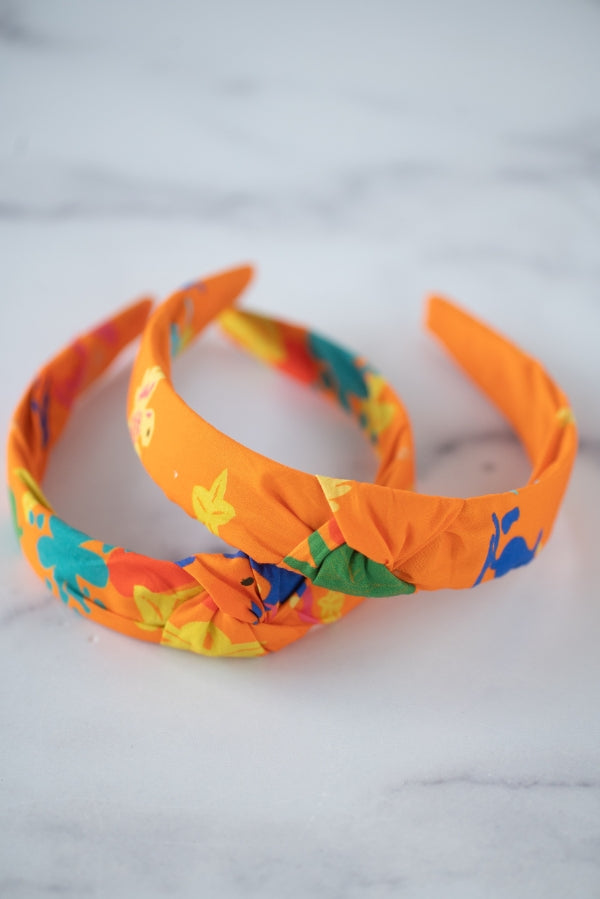 The Tiny Tassel Headband in Orange Happy Bird Print