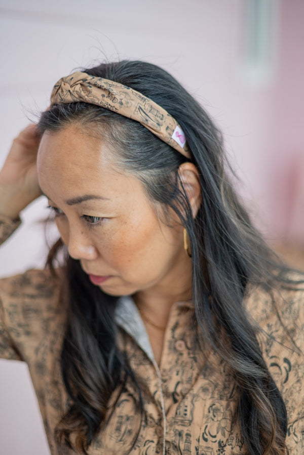 The Tiny Tassel Headband in Beige and Black Charleston Toile