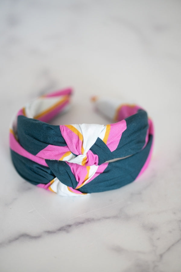 The Tiny Tassel Headband in Teal and Pink Stripes