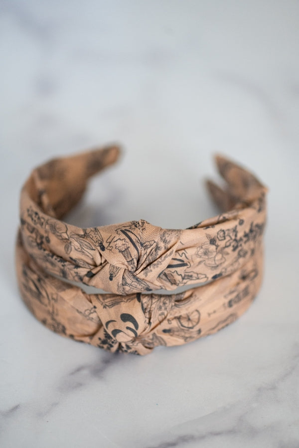 The Tiny Tassel Headband in Beige and Black Charleston Toile