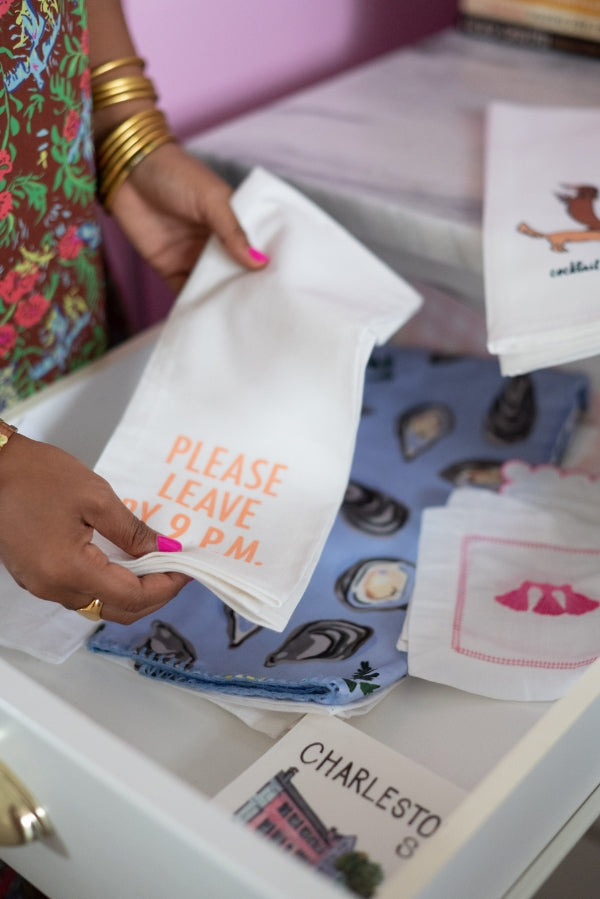 The Please Leave by 9 PM Tea Towel