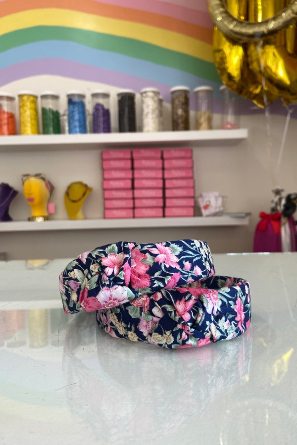 The Tiny Tassel Headband in Navy Floral