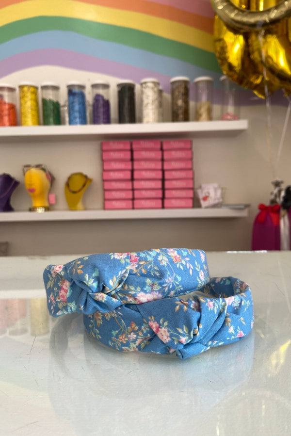 The Tiny Tassel Headband in Light Blue Floral