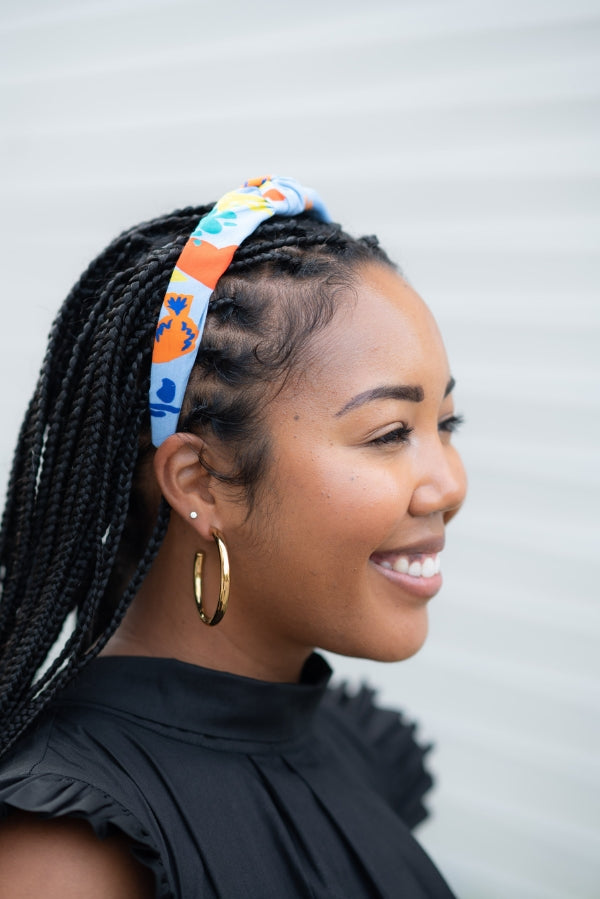 The Tiny Tassel Headband in Blue Happy Bird Print