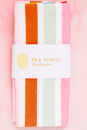 18x24 Striped Tea Towel with burnt orange, mint, and pink stripes on a pink marble background