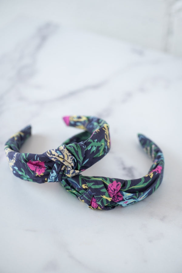 The Tiny Tassel Headband in Navy Safari Print