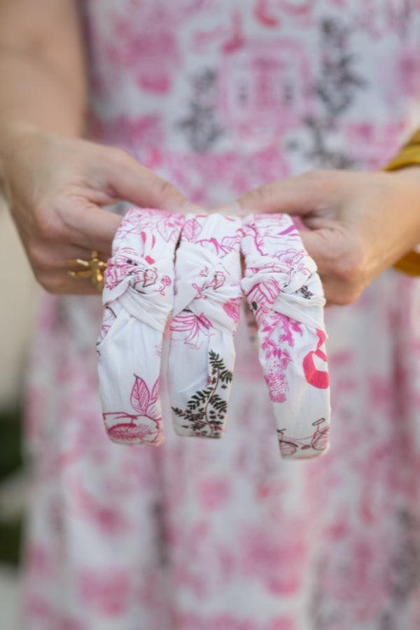 The Tiny Tassel Headband in Pink Charleston Toile Print - TheTinyTassel