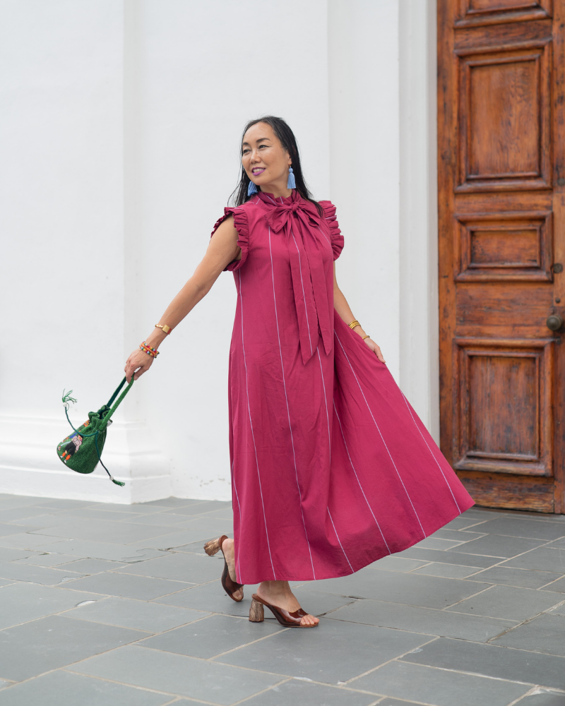 The Vesey Dress in Plum Pinstripe