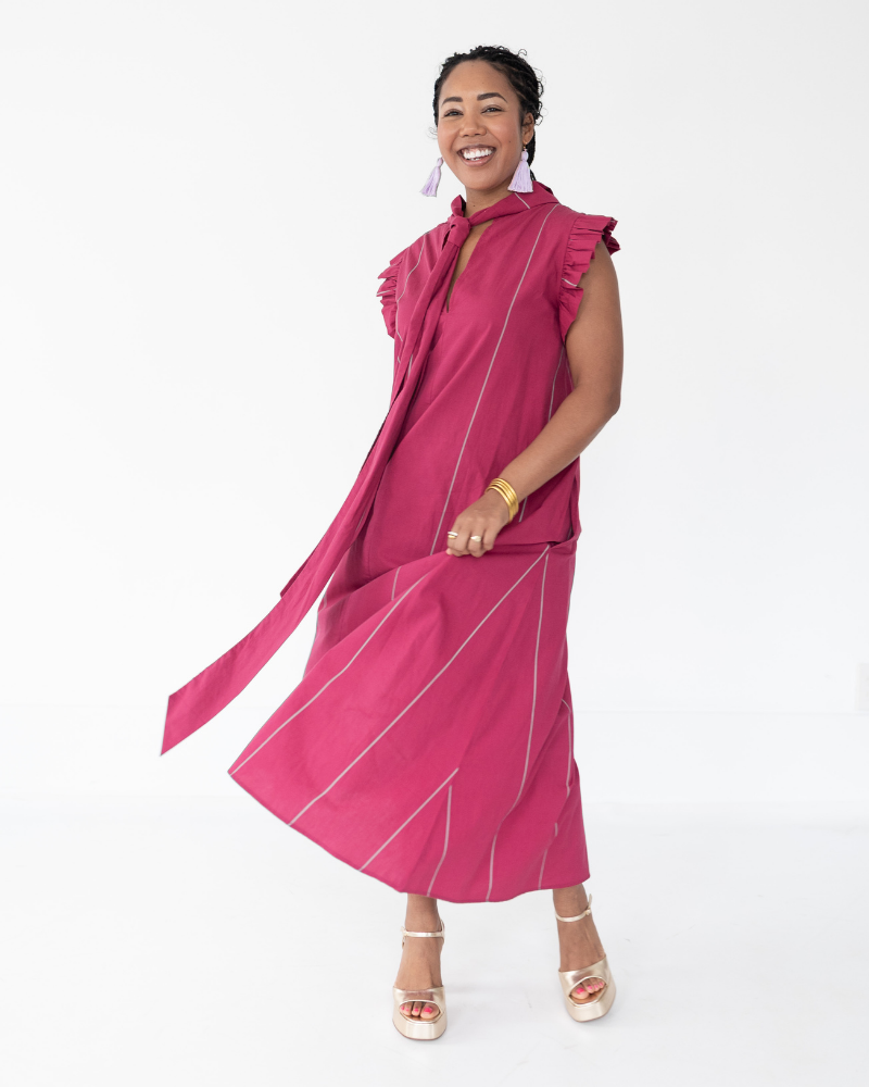 The Vesey Dress in Plum Pinstripe