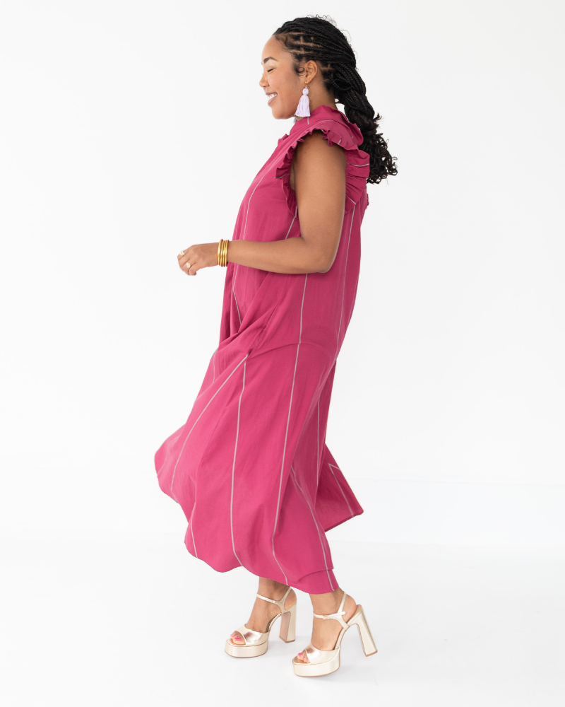 The Vesey Dress in Plum Pinstripe