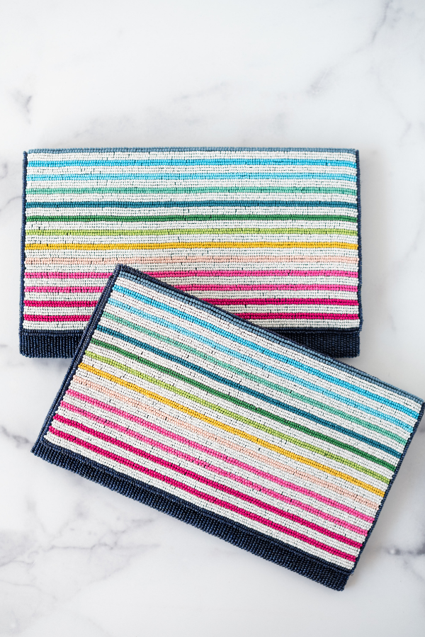 Striped rainbow beaded clutch blue, greens, yellow, pinks, and red