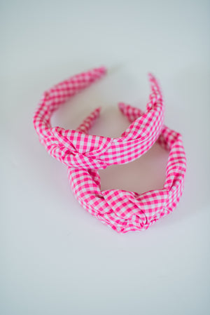 The Tiny Tassel Headband in Hot Pink Gingham