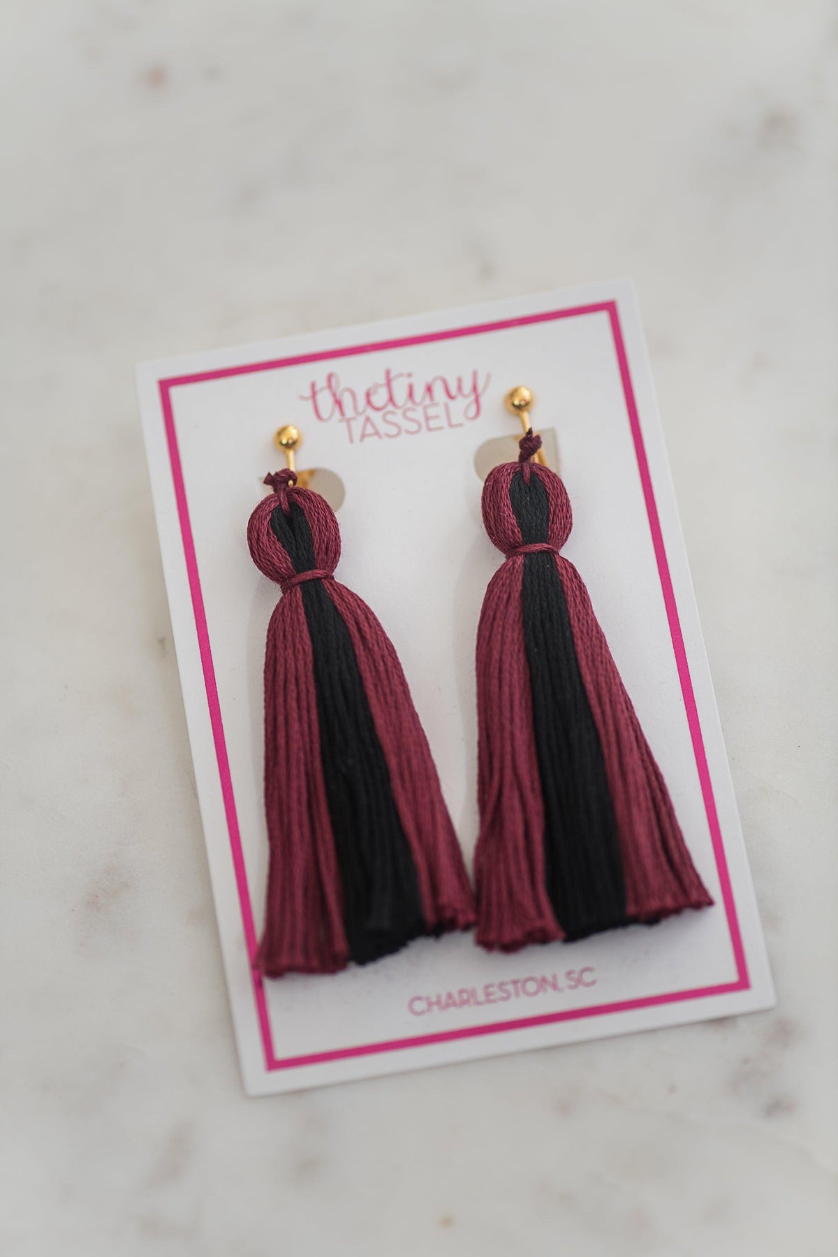 The Lilly Clip-On Tassel Earring in Garnet &amp; Black - TheTinyTassel