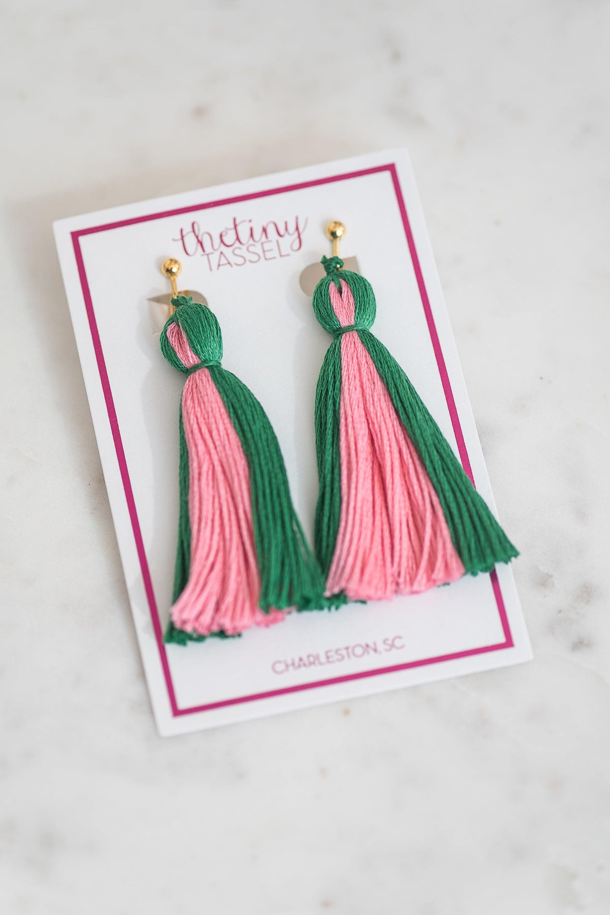 The Lilly Clip-On Tassel Earring in Green &amp; Pink - TheTinyTassel